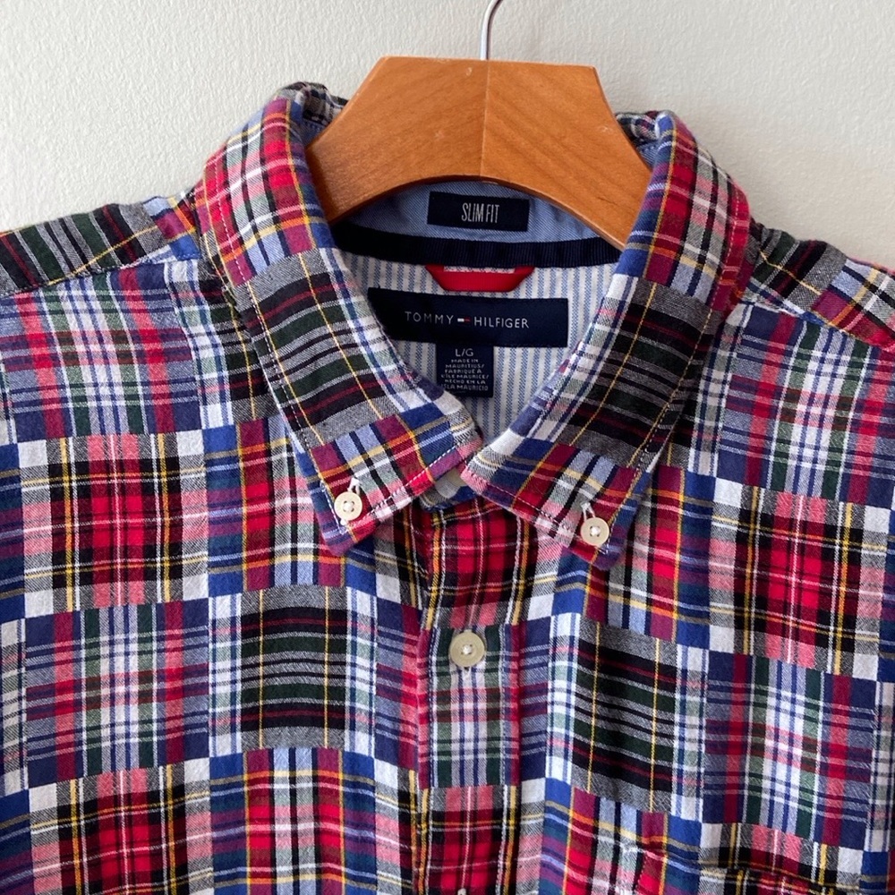 men's Tommy Hilfiger patchwork madras long sleeve shirt large